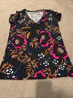 Women’s Navy Floral V-Neck Top with Pink & Tan Accents